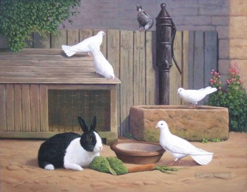 conejo y palomas Pinturas al óleo